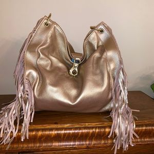 Kotur Gold Leather Fringe Moto Hobo Tote